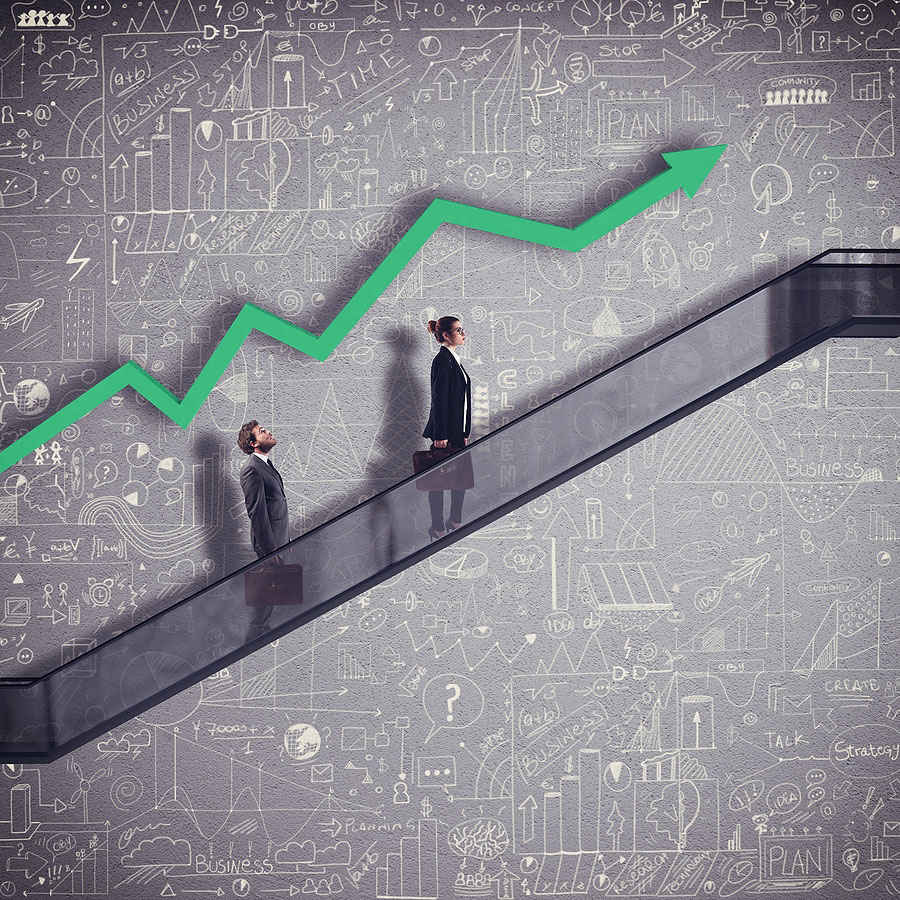 escalator going up with businessmen