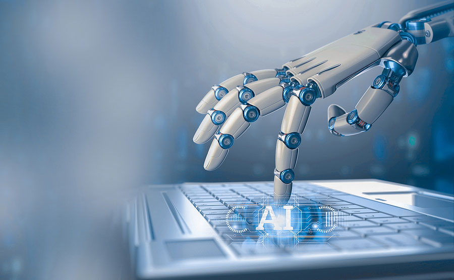 robot hand on keyboard